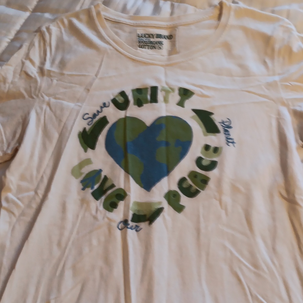 Lucky Brand White Tee with Green and Blue Earth Design